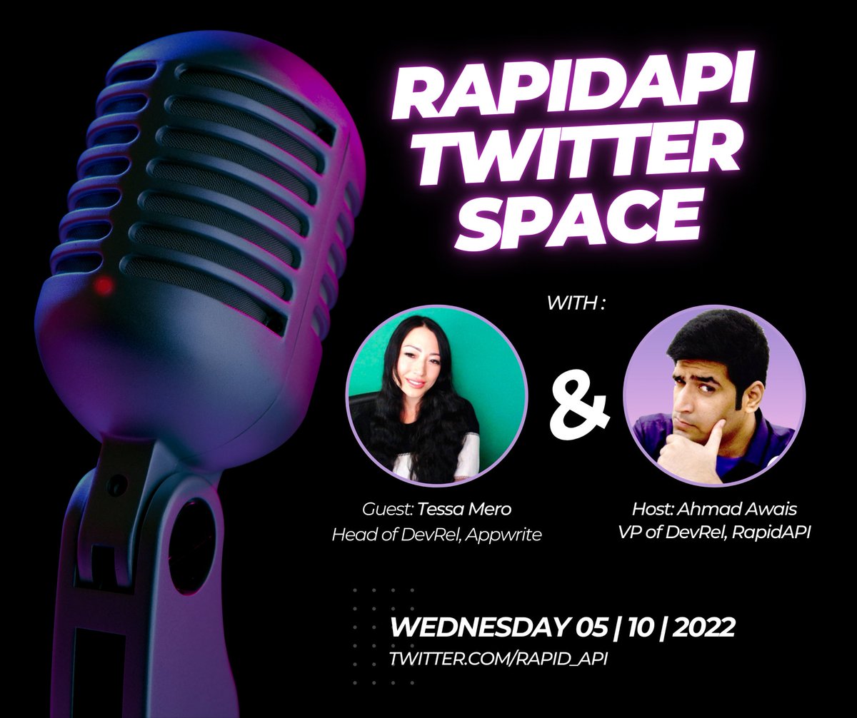 Rapid_API's tweet image. 🟣Twitter Spaces by RapidAPI🟣

- Contributing to Open Source
- and How it can benefit you?

Let's talk about it with @TessaMero from Appwrite.
 
Host: @MrAhmadAwais 
 
🌱 Open Source
🗓️ October 5th, Wednesday
⏰ 10am PST | 1pm EST

Set your reminder: