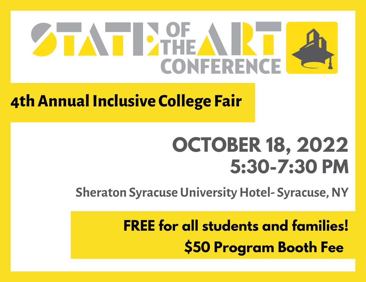 College is an Option! Students with ID can meet with 30 programs from across the US, sponsored by <a href="/thinkcollegeICI/">Think College</a>  register at taishoffcenter.syr.edu/sota/college-f… #InclusiveHigherEd #RedefiningInclusion