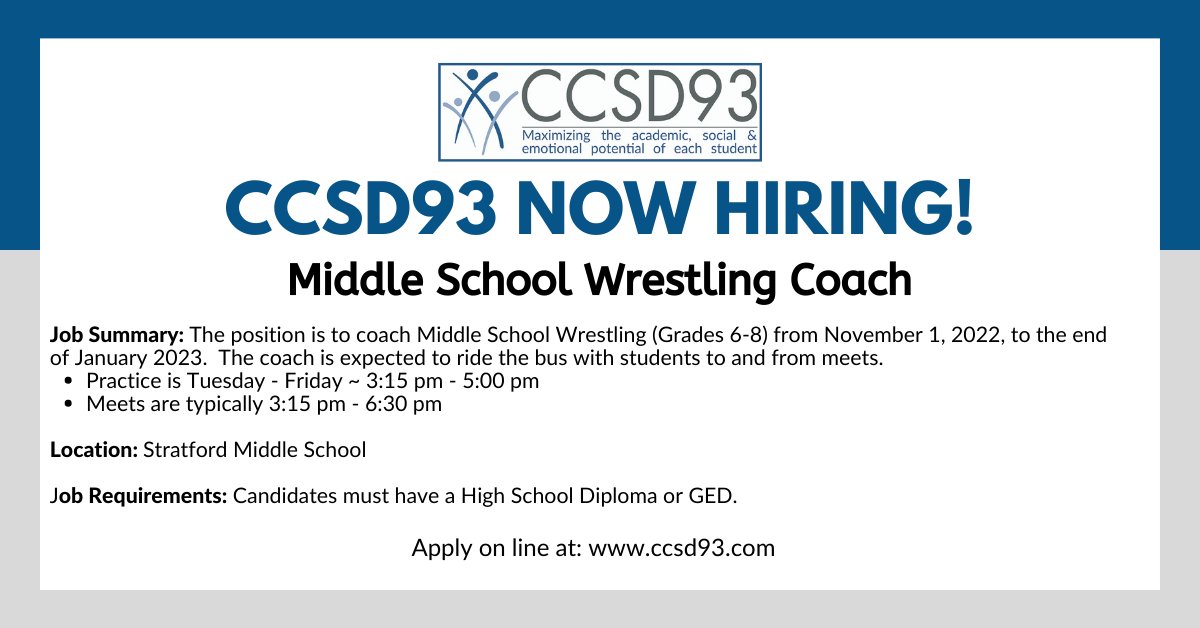 CCSD93 has an opening for a Middle School Wrestling Coach. Please see the attached flyer for details and encourage eligible candidates to apply @ ccsd93.com 
<a href="/CCSD93/">CCSD93</a>
 #ProudToBeD93