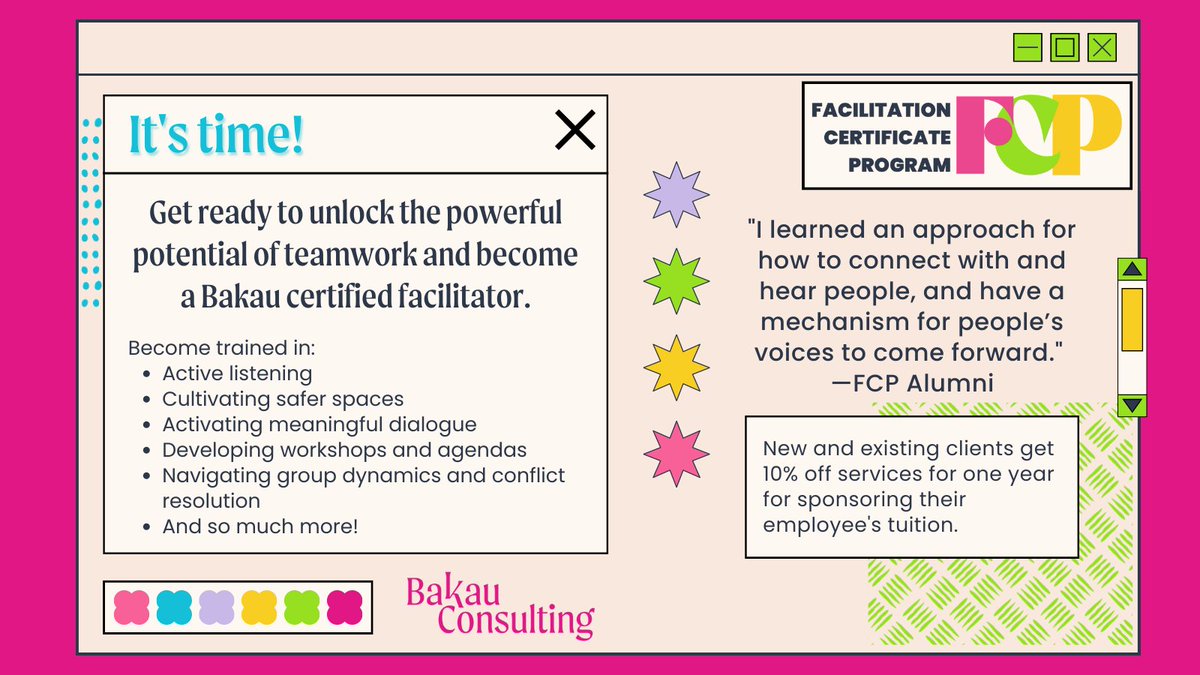 BakauConsulting's tweet photo. Registration for our Facilitation Certificate Program is live!🎉

Become trained in active listing, navigating power dynamics, activating dialogue and so much more through an anti-oppressive lens.

Sign up today: https://t.co/HGKjIXPNih https://t.co/31rJf27urP
