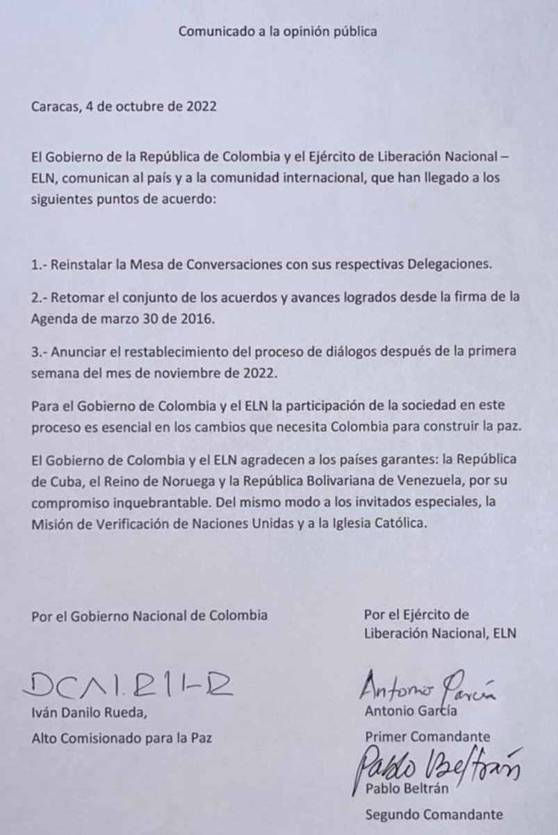 SE REANUDAN LOS DIÁLOGOS DE PAZ CON EL ELN 🇨🇴🕊️. 

Construir la paz es una labor de todas y todos.  Se requiere constancia, coherencia, perseverancia, amor, perdón, verdad, justicia e igualdad.

Vamos por buen camino.