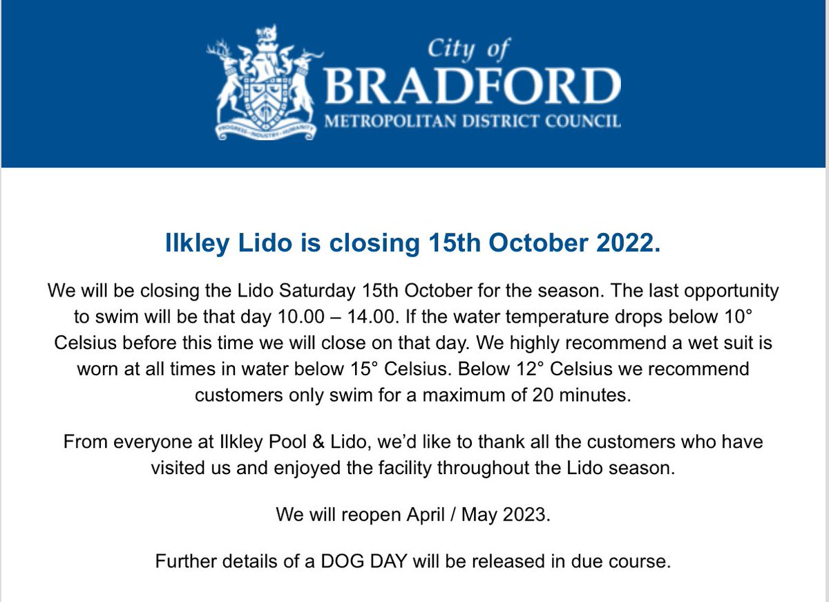 Details have been posted by Bradford Council on the end of Season (15th October) details in the photos