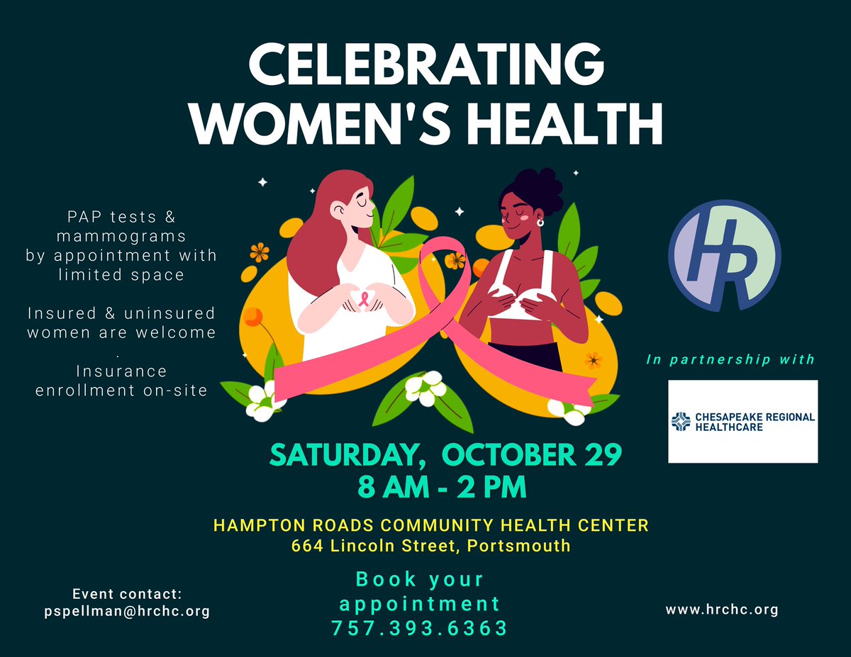 HRChealthcenter's tweet photo. Hampton Roads Community Health Center will host the annual "Celebrating Women's Health" event on Saturday, Oct. 29 from 8 a.m. to 2 p.m. at HRCHC headquarters, 664 Lincoln Street, Portsmouth.
 
Featuring Saturday hours for PAP tests and mammograms for insured and uninsured women. https://t.co/ObXeH6uE7J