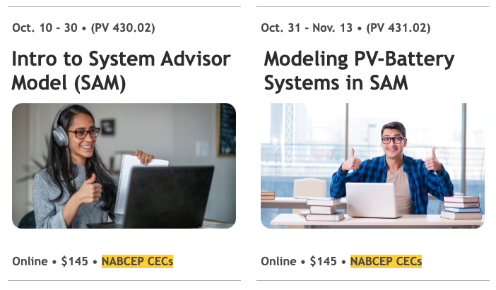 Special October Online Series: EXPLORING SYSTEM ADVISOR MODEL (SAM) from <a href="/NREL/">NREL</a> 
 
Oct. 10 - 30 • Intro to SAM 
Oct. 31 - Nov. 13 • Modeling PV-Battery Systems in SAM

You can download SAM here: lnkd.in/gpspPAuV

@nabcep CEC approved!

REGISTER: lnkd.in/gFq8U_2p