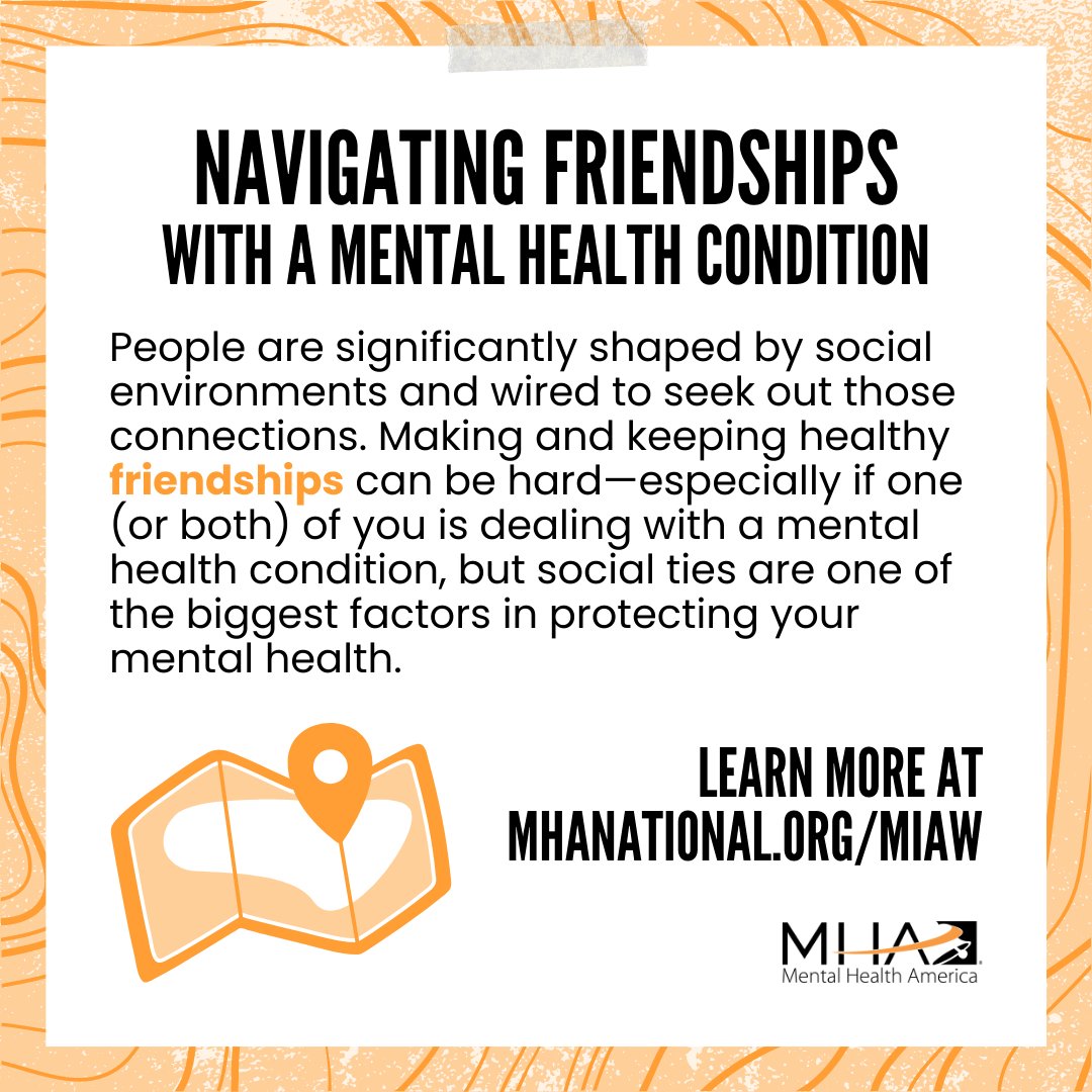 Keys2Prevention's tweet photo. Friendships are an important part of wellness. But making friends can be a lot of work, especially if you have a mental health condition. This Mental Illness Awareness Week (#MIAW), learn more from @MentalHealthAm about navigating friendships/social life: https://t.co/SgXtZR3sCm https://t.co/uvvJUW6DVG