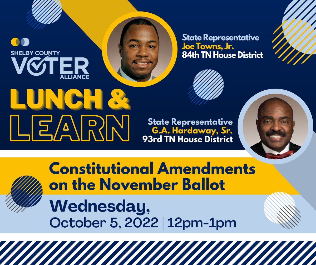 The Shelby County Voter Alliance is celebrating National Voter Education Week by hosting a special Lunch &amp; Learn TOMORROW from 12pm-1 pm on Zoom all about the Tennessee State Constitution Amendments.  Sign up now at the link below!

tinyurl.com/4cuzbnjy