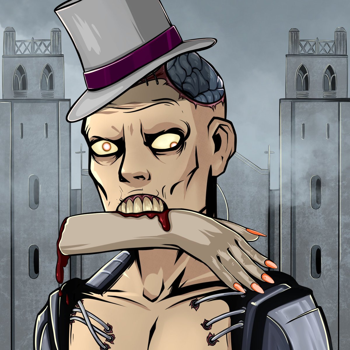 DomForza's tweet photo. 🌧️ I peered past the decaying mansions dotted along the gloomy landscape. A tussle, a scream. I can't describe the horror of what I saw as the mist finally cleared, revealing the dregs of the body the infamous Chappie Zombie left behind. 🌧️ #TBAAS #HORDEZNFT @HordeTweets https://t.co/cwyRJLN0xg