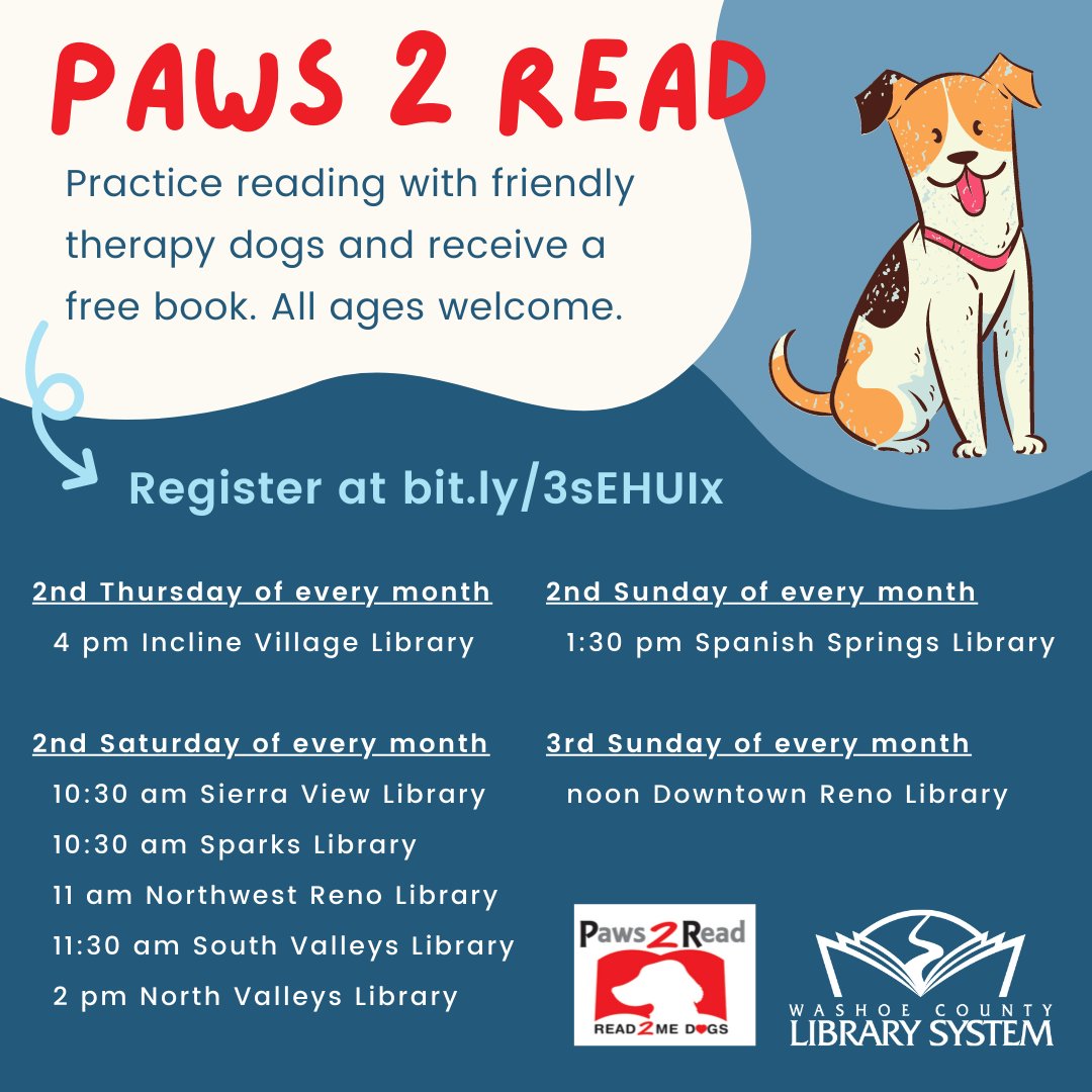 WashoeLibrary's tweet photo. This young patron was caught practicing his reading skills at the library with a friendly pup last month! Register to visit with the #Paws4LoveReno therapy dogs at a library near you: https://t.co/kZvb9qcdho #Paws2Read https://t.co/Mjf2hG9TGv