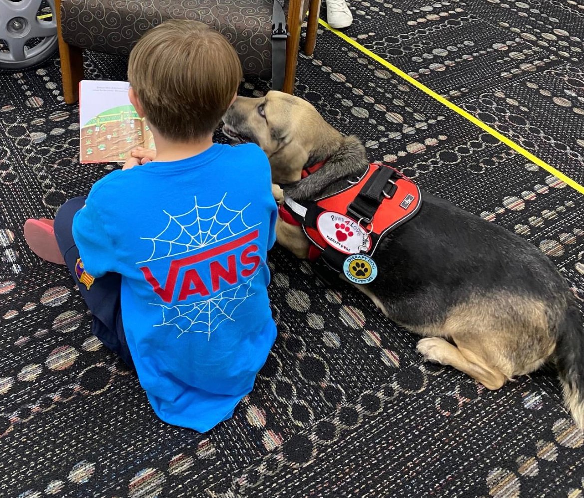 WashoeLibrary's tweet photo. This young patron was caught practicing his reading skills at the library with a friendly pup last month! Register to visit with the #Paws4LoveReno therapy dogs at a library near you: https://t.co/kZvb9qcdho #Paws2Read https://t.co/Mjf2hG9TGv
