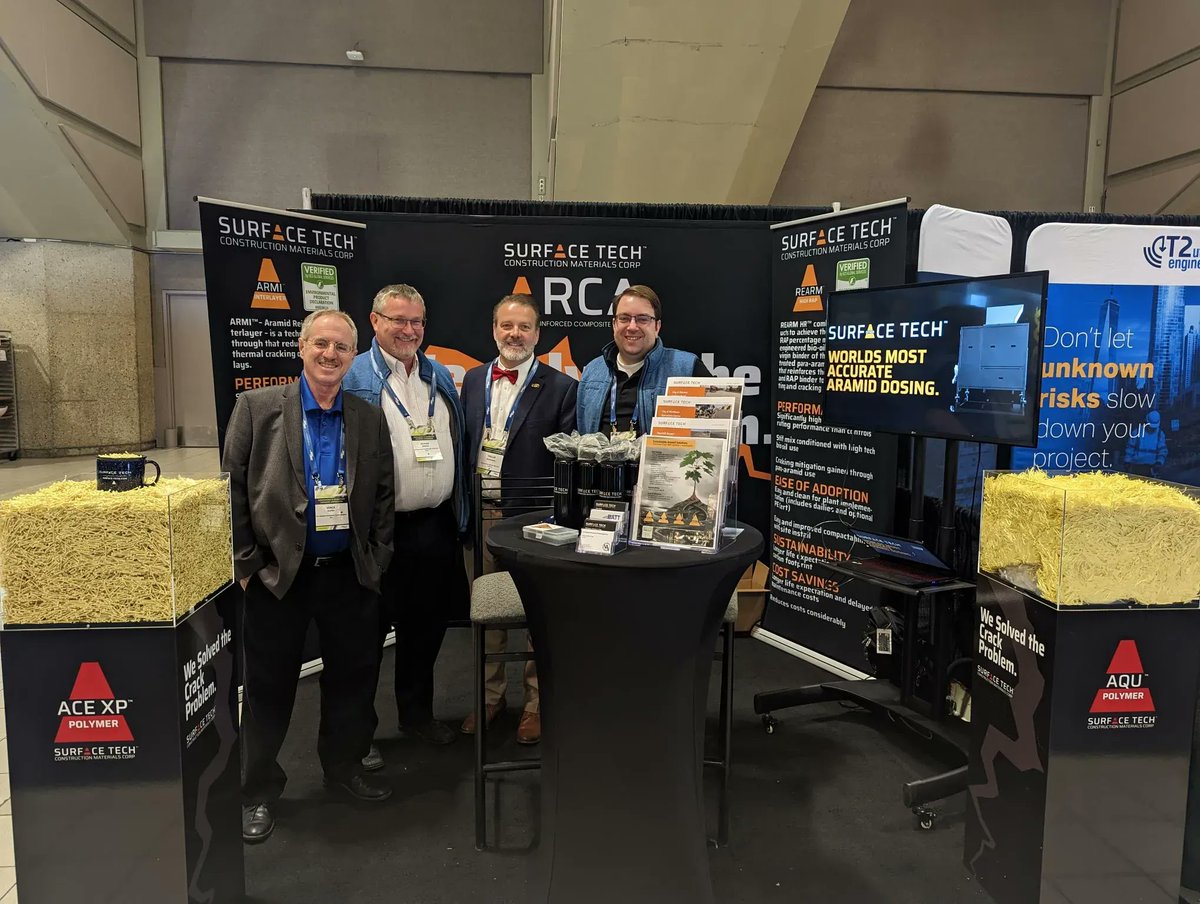 SurfaceTech_LLC's tweet photo. Vince Aurilio, Michael Simons, Phil Blankenship (@philblanken), & Alex Snell at Surface Tech's Booth 425 at @TAC_TranspAssn's #TACConf. Learn about our aramid fibre reinforced #asphalt pavements using EPD-listed #ACEXP Polymer Fiber™ at: https://t.co/Th6htDBJnK
#TAC2022 https://t.co/83f9kahxFC
