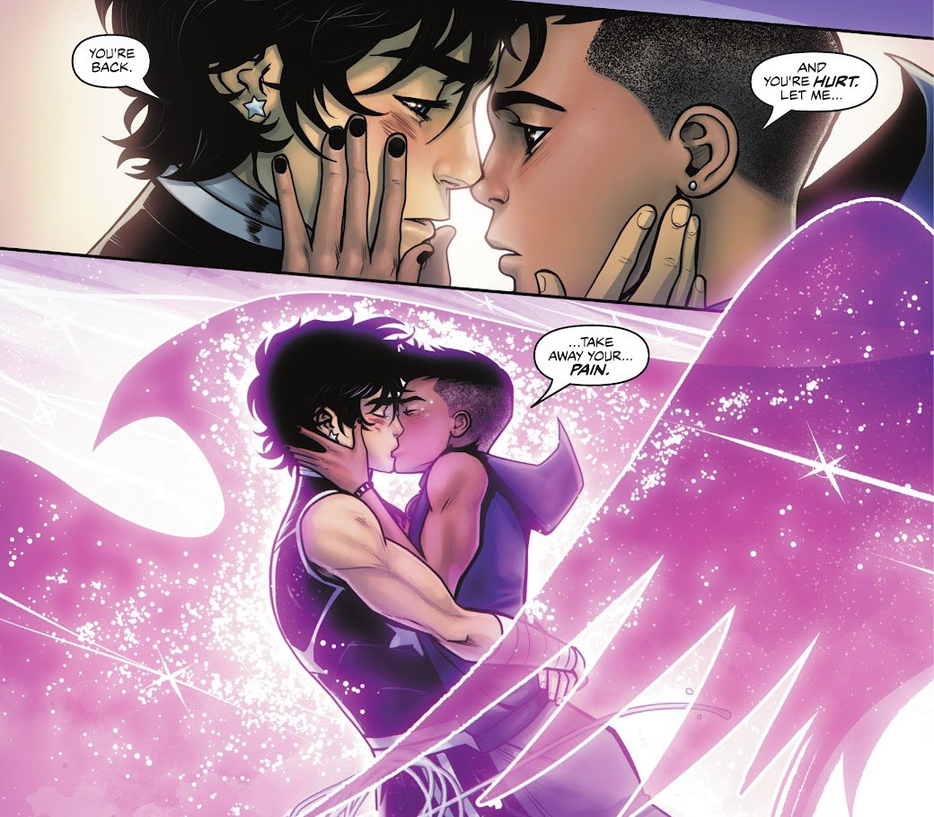 They're so beautiful together and the art surrounding them makes it all so perfect. I love this so much. My favorite scene in the whole series so far and it's finally male same-sex representation from DC that looks and feels right. They're the best. 
🥹🥹🥹

#TeenJustice 5