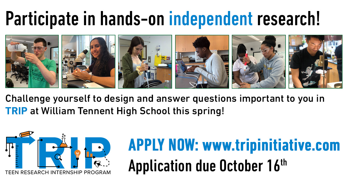 TRIPInitiative's tweet photo. Only a few days left to apply to the Spring'23 TRIP program! TRIP allows #highschool students to #explore #STEM through their own independent #research projects! Learn more: https://t.co/dyHpa5o4Xk https://t.co/VtkxkRtMbz