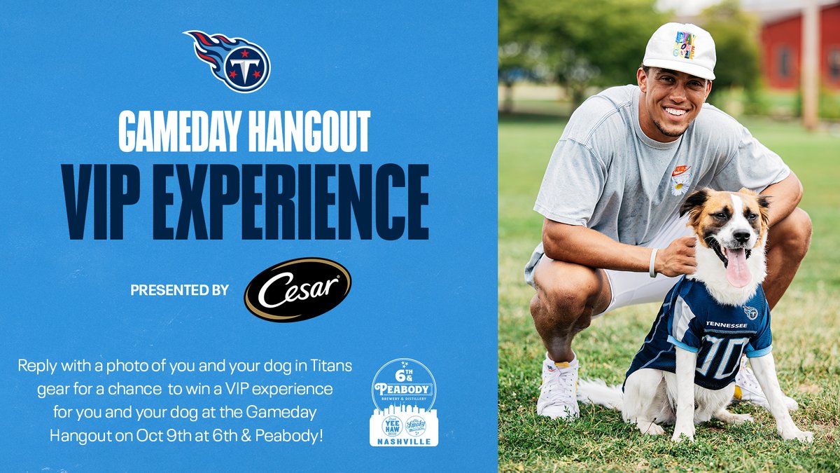 The Titans are bringing you a VIP experience presented by <a href="/CesarCuisine/">Cesar Canine Cuisine</a> at the Gameday Hangout this Sunday, 10/9!  Send us pictures of you and your dog in Titans gear today for a chance to hangout with your dog at @6thandpeabody! Special appearances by <a href="/rak98/">Brian Orakpo</a>, cheer, and T-Rac!