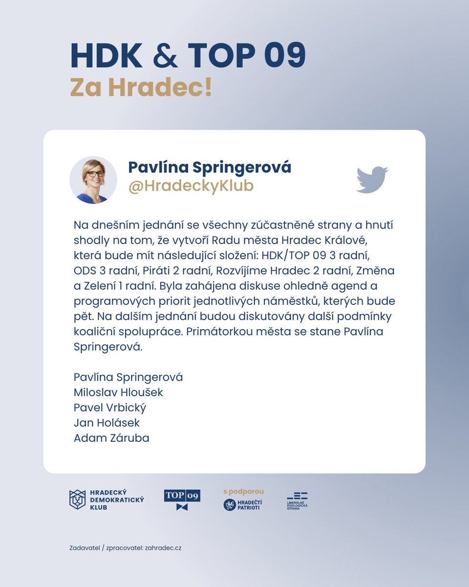 Memorandum o budoucím uspořádání vedení města
Všechny zúčastněné subjekty HDK/TOP 09, ODS, Piráti, Rozvíjíme Hradec, Změna pro Hradec a Zelení deklarují svůj kontinuální závazek na vzájemné spolupráci s cílem vytvořit demokratickou pětikoalici.