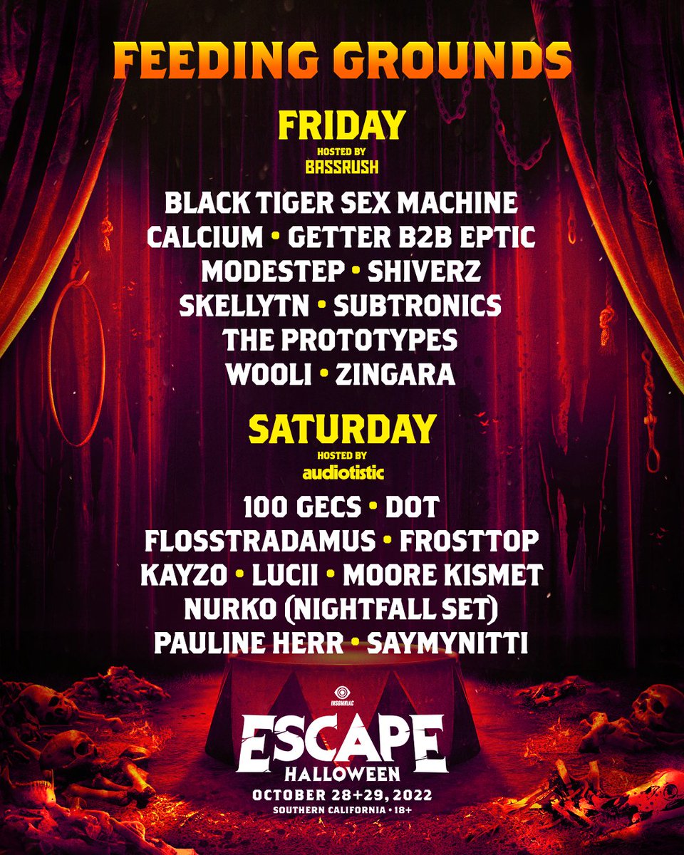EscapeHalloween's tweet photo. Prepare yourselves for the very first entry into the Feeding Grounds! 👹 💀 A brand new stage experience is coming to #EscapeHalloween for maximum bass and terror, hosted by @bassrush and @audiotisticfest! 🩸

Secure your passes at https://t.co/WXSqCJJwrt https://t.co/yS1jCDtEKO