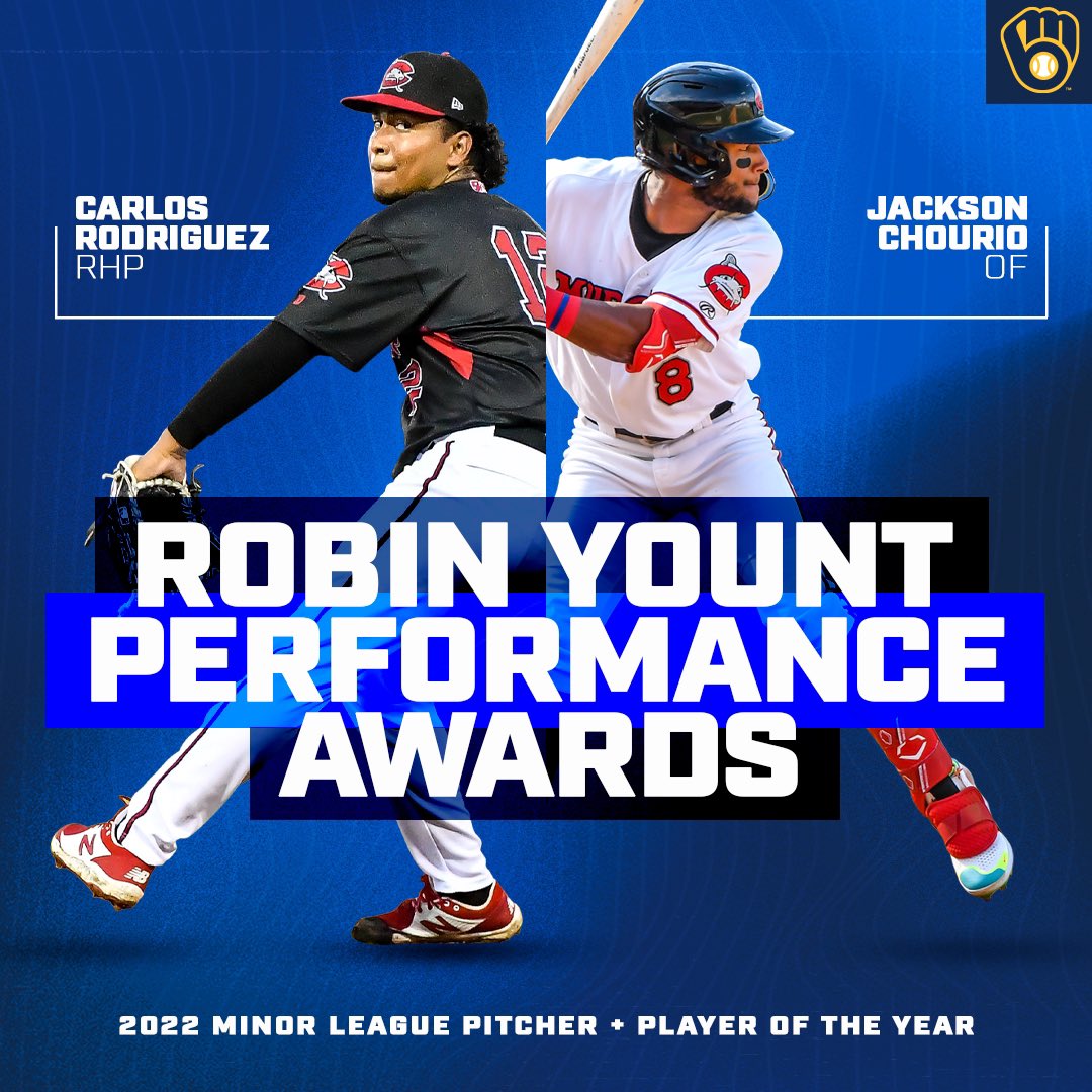 Your 2022 Robin Yount Performance Award winners!

OF Jackson Chourio was named Player of the Year after he hit .288 with 20 HR, 75 RBI, 75 runs and 16 SB across 3 levels.

RHP Carlos Rodríguez was named Pitcher of the Year after posting a 3.01 ERA &amp; 129 Ks over 107.2 IP.