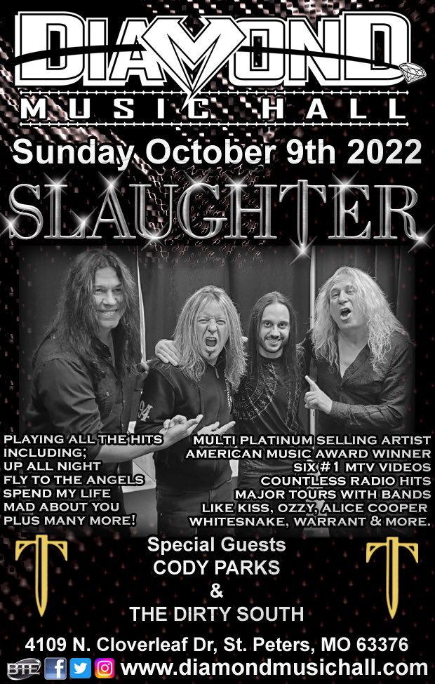 Concert Reminder
When: This Sunday Oct 9th 2022
Where: St. Peters, MO
@ Diamond Music Hall
#MarkSlaughter #Slaughter #UpAllNight #FlyToTheAngels #MadAboutYou #ErnieBallStrings #PickGuyGuitarPicks #CarlinoGuitars #FuTone #MorleyPedals #PariahPickups
#KemperAmps
#GodinGuitars
