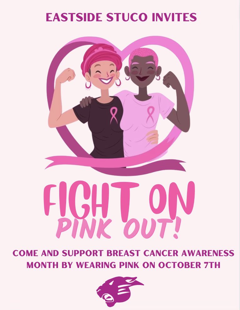 EastsideStuCo's tweet photo. October is breast cancer awareness month! Show your support by wearing pink this Friday💗
#PawsUp #EastsidePride @andrew_k_bailey @EdCo810 @CKenderEDU https://t.co/PKdHVJj4Gi