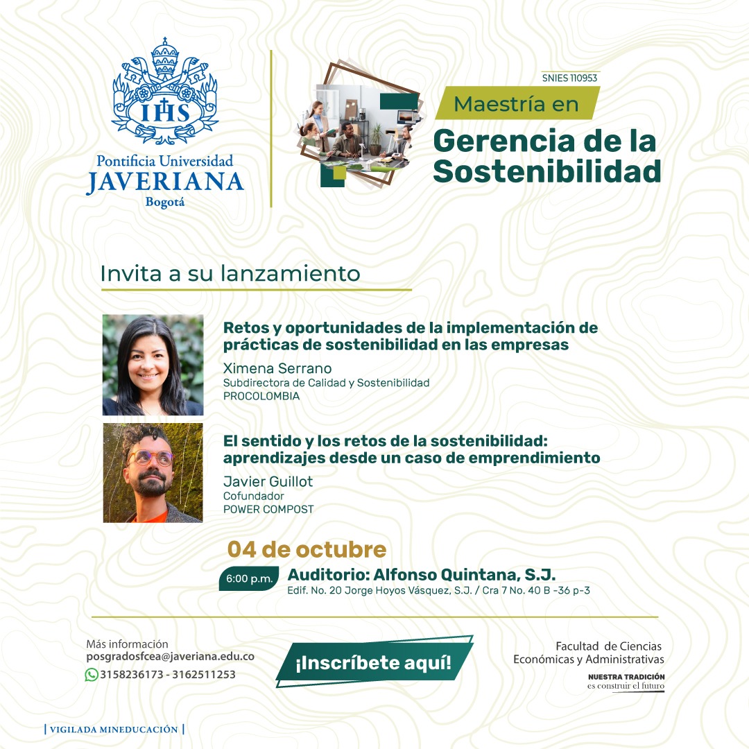 Javier Guillot (@jeguillot) on Twitter photo Esta tarde: una charla sobre el camino de emprendimiento con <a href="/PowerCompost/">Power Compost</a> con aprendizajes frente al sentido y los retos de la #sostenibilidad, en el lanzamiento de la Maestría en Gerencia de la Sostenibilidad de <a href="/UniJaveriana/">Pontificia Universidad Javeriana</a>. Esta tarde: una charla sobre el camino de emprendimiento con <a href="/PowerCompost/">Power Compost</a> con aprendizajes frente al sentido y los retos de la #sostenibilidad, en el lanzamiento de la Maestría en Gerencia de la Sostenibilidad de <a href="/UniJaveriana/">Pontificia Universidad Javeriana</a>.