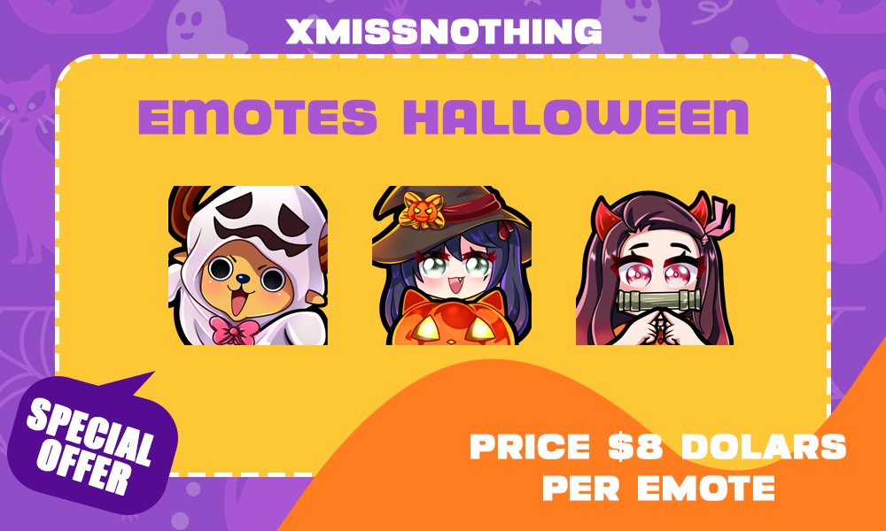 xMissNothiing's tweet photo. ₍^._.^₎⟆  COMMISSIONS OPEN ﹪✮ ۫ ₊
🎃 Halloween es mi época favorita así que hare una oferta especial.

El precio es de $8 dolares, solo emotes que tengan temática de halloween. 

Los emotes que están de ejemplo se encuentran a la venta, si quieres mas info, envía DM. https://t.co/ZF9Wssyco9