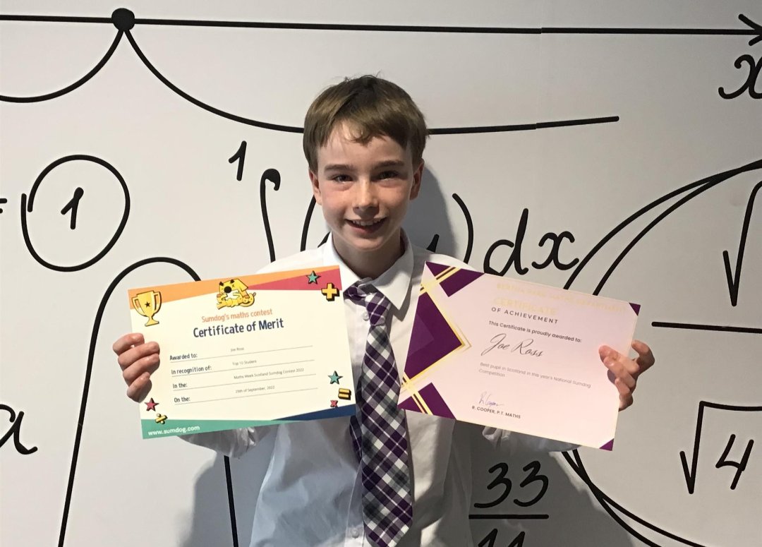 Huge congratulations to Joe R of S1. Joe came first in the National Sumdog Competition. Joe answered 1000/1000 questions correctly, beating 63,000 pupils across Scotland. Fantastic work!!