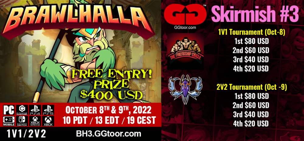 GGtoor's tweet photo. #GGtoor's next #Brawlhalla events will be this weekend! Join us Saturday for 1v1s or Sunday for 2v2s! (Or both!) Entry is free, and thanks to Blue Mammoth Games, the event is #BrawlhallaSponsored. Sign up at https://t.co/0urYHmKYca https://t.co/vAxIlgmDEN