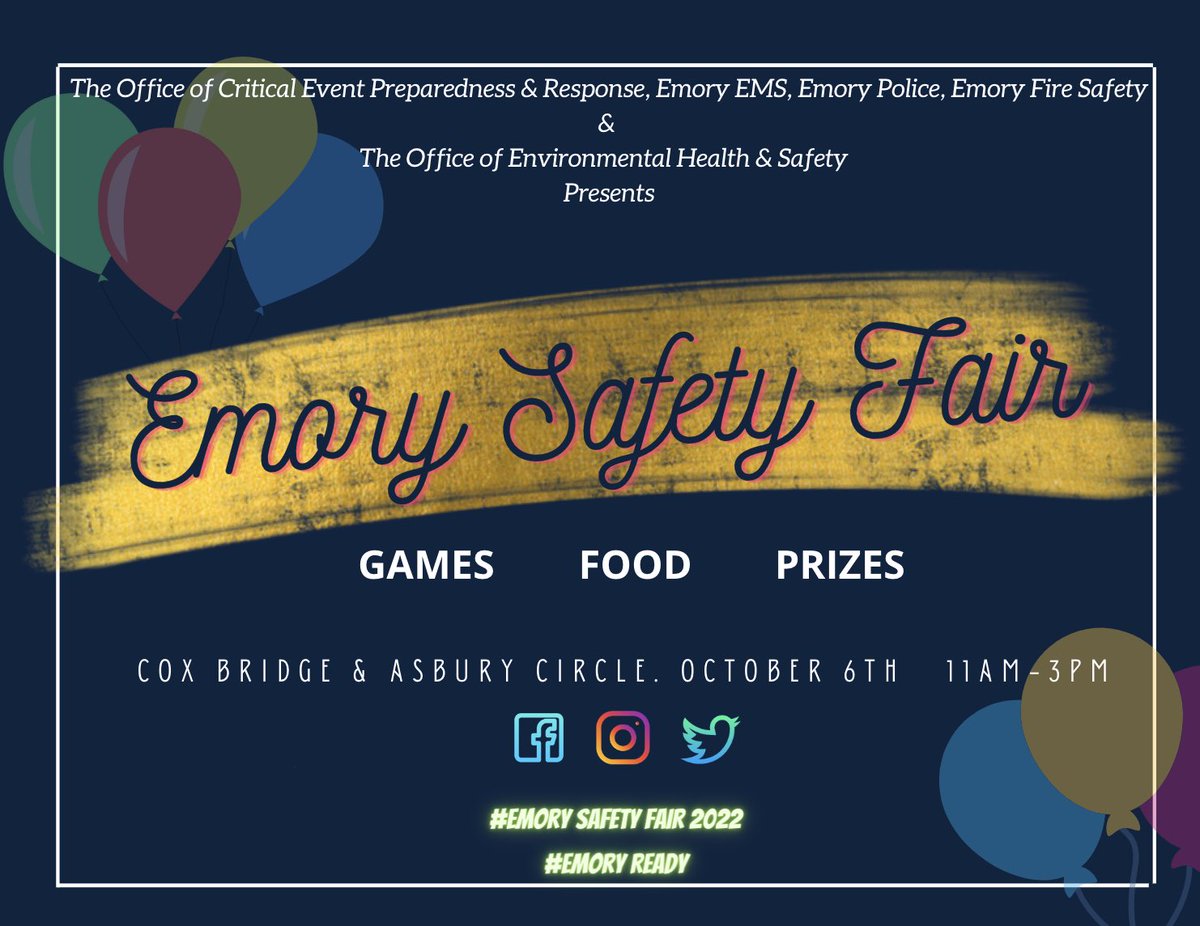 EMORY_CEPAR's tweet photo. Safety Fair is Thursday, 10/6 from 11-3pm @EmoryUniversity! Come out for swag, free ice cream, and a chance to dunk @EmoryPolice. Check out the official event posting on The Hub: https://t.co/Xg8t8m9pkn. @EmoryEHSO @Emory_EMS @EmoryFireSafety #EmoryREADY https://t.co/BZaDRkI1wk