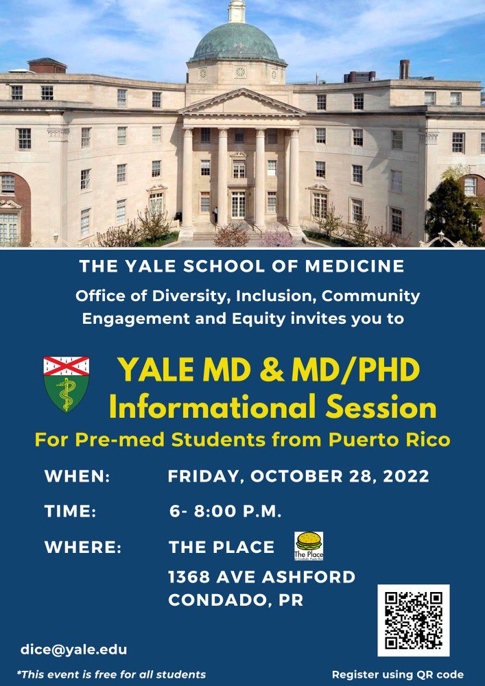 mi gente en PR!! si estás interesade en MD o en MD-PhD, @paula_floresp y yo estaremos en The Place en Condado el 28 de octubre para contestar preguntas sobre los programas, oportunidades en Yale y hablar de lo que quieran! regístrense usando el QR code 😊