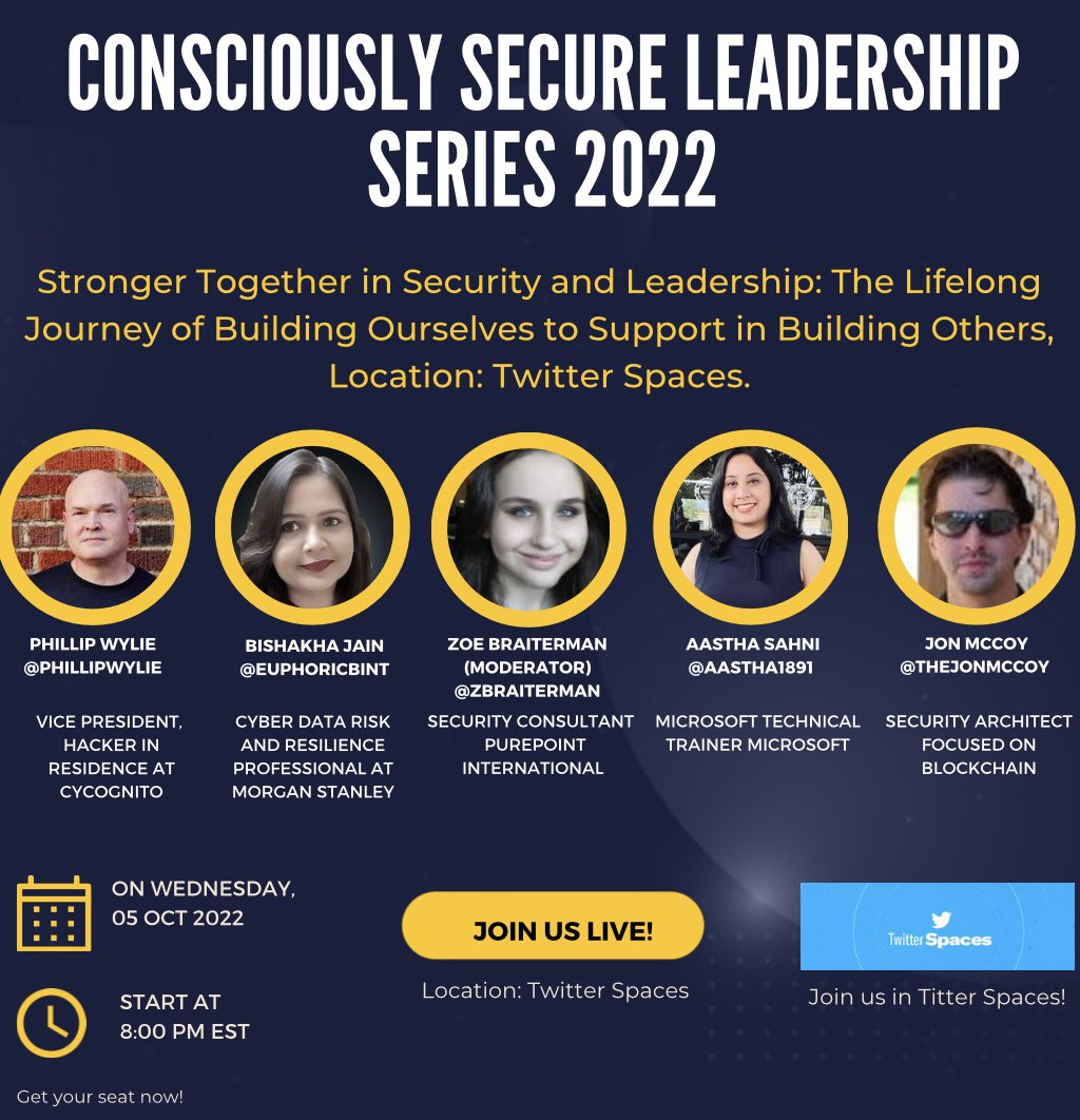 Safety, Security, Inclusion, & LOVE (@jessrobin96) on Twitter photo Looking forward to this amazing line up tomorrow…✨
<a href="/PhillipWylie/">Phillip Wylie</a>, <a href="/euphoricbint/">Bishakha Jain</a>, <a href="/aastha1891/">Aastha Sahni</a>, <a href="/thejonmccoy/">Jon McCoy</a>, <a href="/zbraiterman/">Zoe Braiterman</a> <a href="/PurIntl/">PurePointInt'l</a> #ConsciouslySecureLeadershipSeries event on how we can grow together! #cybersecurity Looking forward to this amazing line up tomorrow…✨
<a href="/PhillipWylie/">Phillip Wylie</a>, <a href="/euphoricbint/">Bishakha Jain</a>, <a href="/aastha1891/">Aastha Sahni</a>, <a href="/thejonmccoy/">Jon McCoy</a>, <a href="/zbraiterman/">Zoe Braiterman</a> <a href="/PurIntl/">PurePointInt'l</a> #ConsciouslySecureLeadershipSeries event on how we can grow together! #cybersecurity