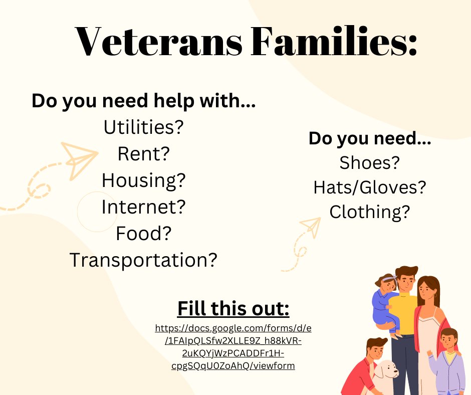 Vets_elementary's tweet photo. Veterans Families:
Do you need help with...
-Utilities
-Rent
-Housing
-Internet
-Food
-Transportation

Do you need...
-Shoes
-Hat/Gloves
-Clothing

Please fill out this form so we can help!
https://t.co/nF4Staya33 https://t.co/kxHraxNMLj