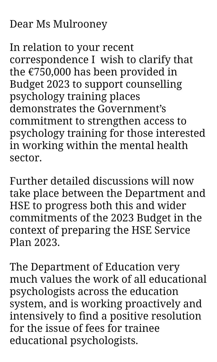 AoifeMulrooney's tweet photo. Lack of awareness and understanding from the Minister of Mental Health @MaryButlerTD. Trainee Educational &amp; Child Psychologist are eligible to work in the areas of Child Psychology (primary care &amp; CAMHS) when qualified, and also complete unpaid placements during our training. https://t.co/bcg1ipAiO4