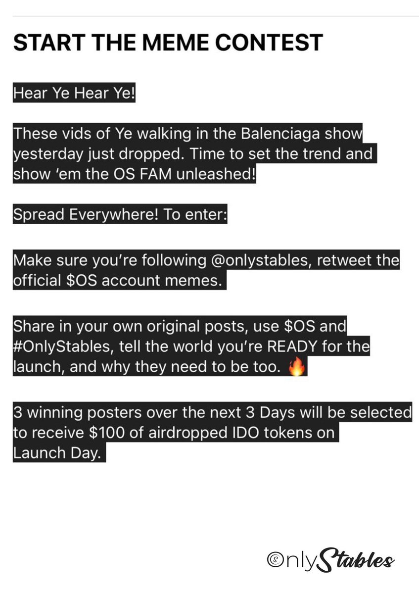 Stablzone's tweet photo. In the meantime, for a chance to win Airdropped IDO tokens on Launch Day, enter our Start The Meme contest. 

- RT the pinned Ye vid meme + post your own tweet about $OS to enter. ✍️

- Or make &amp; share an original meme. 

use: $OS + #OnlyStables https://t.co/3k1DXti5Yg