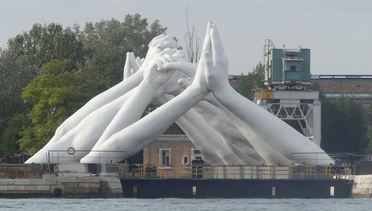 EmptyMin's tweet photo. #365photos #277 #PictureOfTheDay @Interrail #GrandAnniversaryTour #Day9 #fifthstop #Venice #Italy and a trip out to #Lido for a holiday swim in the sea/lagoon. This is Building Bridges: Six Sets of Reaching Arms that we just happened to see for the boat bus! https://t.co/gZXEKVLkce