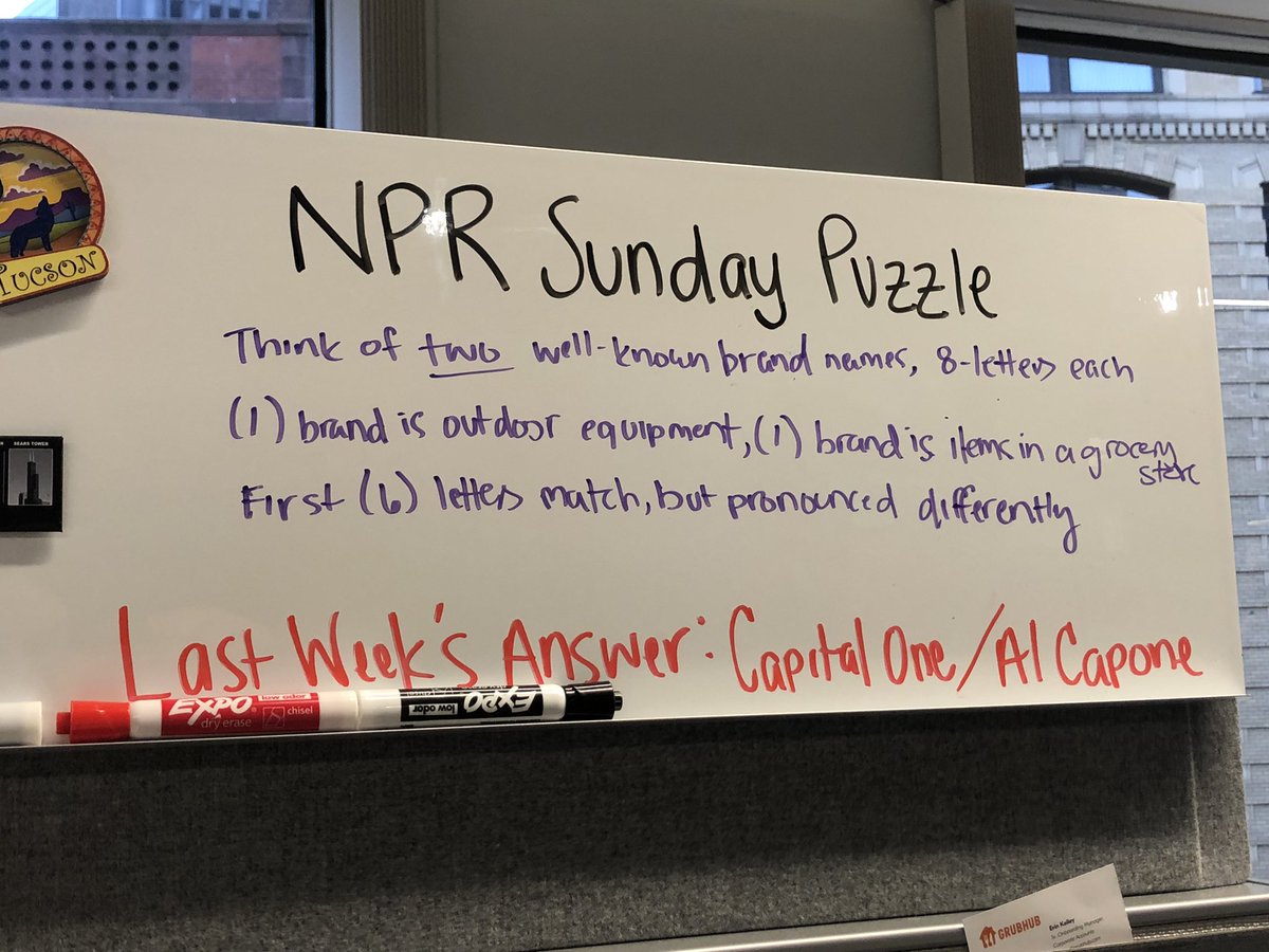 ekelley66's tweet photo. Using my whiteboard at my desk to start displaying the @NPR #sundaypuzzle - my new favorite thing to listen for every week! https://t.co/MGgJ2MEieq