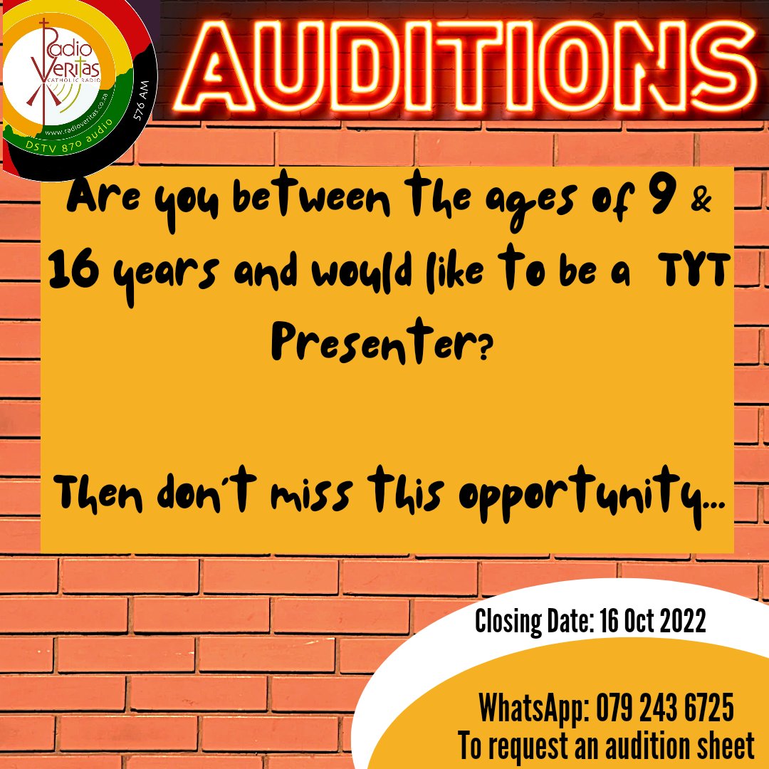 #AUDITION: Are you between the ages of 9 and 16 years and would like to be a TYT Presenter? Where you will read scripture, reflect on the readings and leave listener with a challenge? Then request your audition sheet by sending a WhatsApp message: 079 243 6725 Closing: 16.10.22