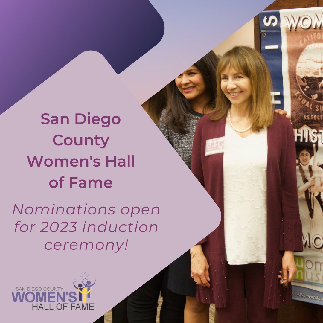WomensMuseum's tweet photo. You can help the @WomensMuseum acknowledge and celebrate the outstanding contributions women make throughout San Diego by nominating a woman you know to be inducted into the San Diego Women's Hall of Fame: https://t.co/4QUMHTUQ1O https://t.co/N07tqWRGOc