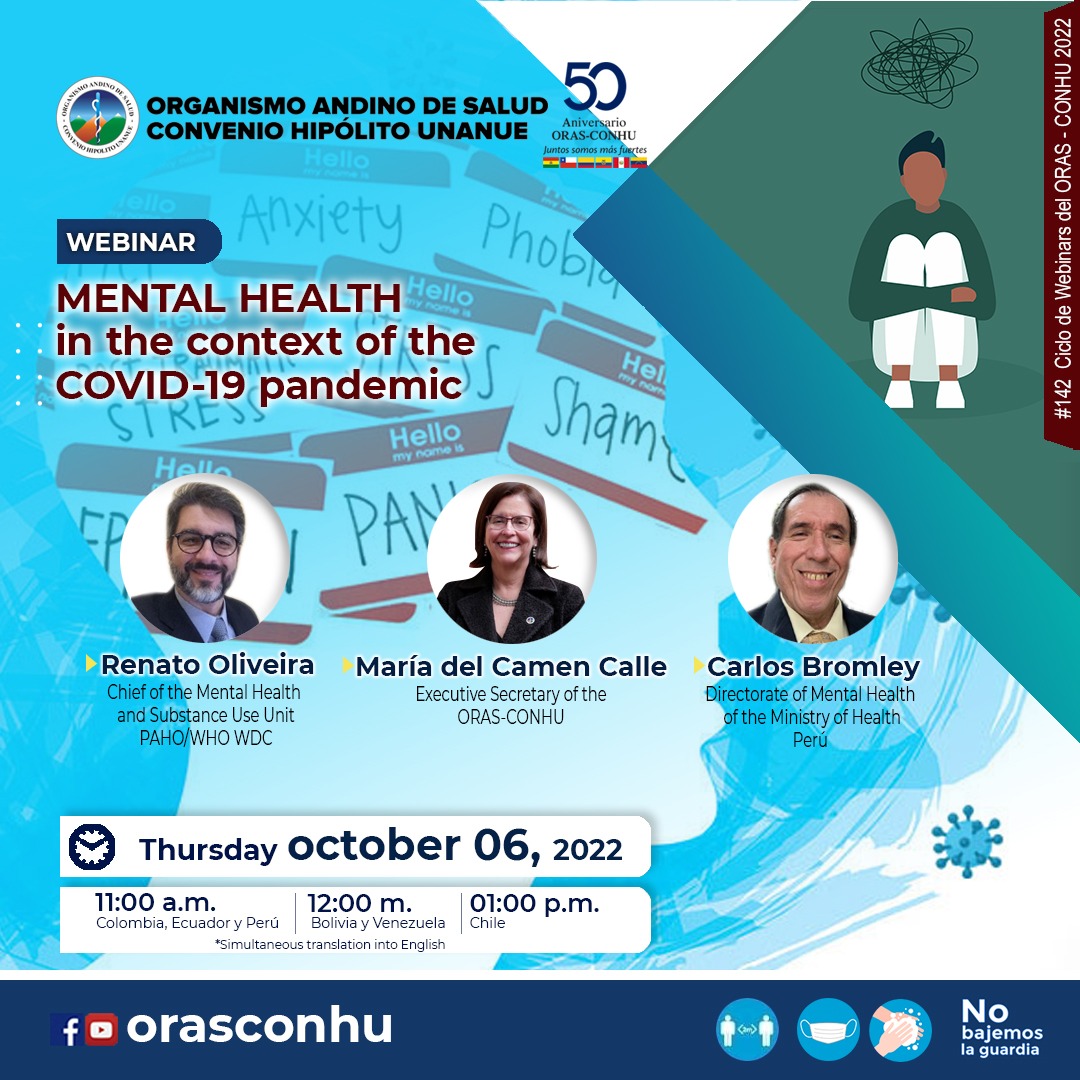 orasconhu's tweet photo. 😷 👩🦳🧑🦱🫂 This Thursday"Mental health in the context of the COVID-19 pandemic"with Renato Oliveira, Chief of Mental Health and Substance Use Unit @opsoms; María del Carmen Calle, Executive Secretary #ORASCONHU; and Carlos Bromley, Directorate of Mental Health @Minsa_Peru https://t.co/tfhlsjOqk8