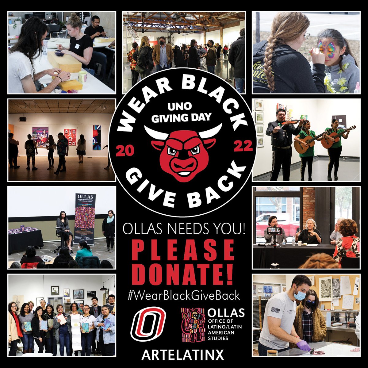 UNO_OLLAS's tweet photo. Your Wear Black, Give Back donation will support ArteLatinX! We will continue creating a space for Latinx artists to flourish. It will help us bring our community &amp; Latinx artists together for our exhibition, workshops, speakers, &amp; block party. *Link in our bio
#WearBlackGiveBack https://t.co/HgKLjJ488r