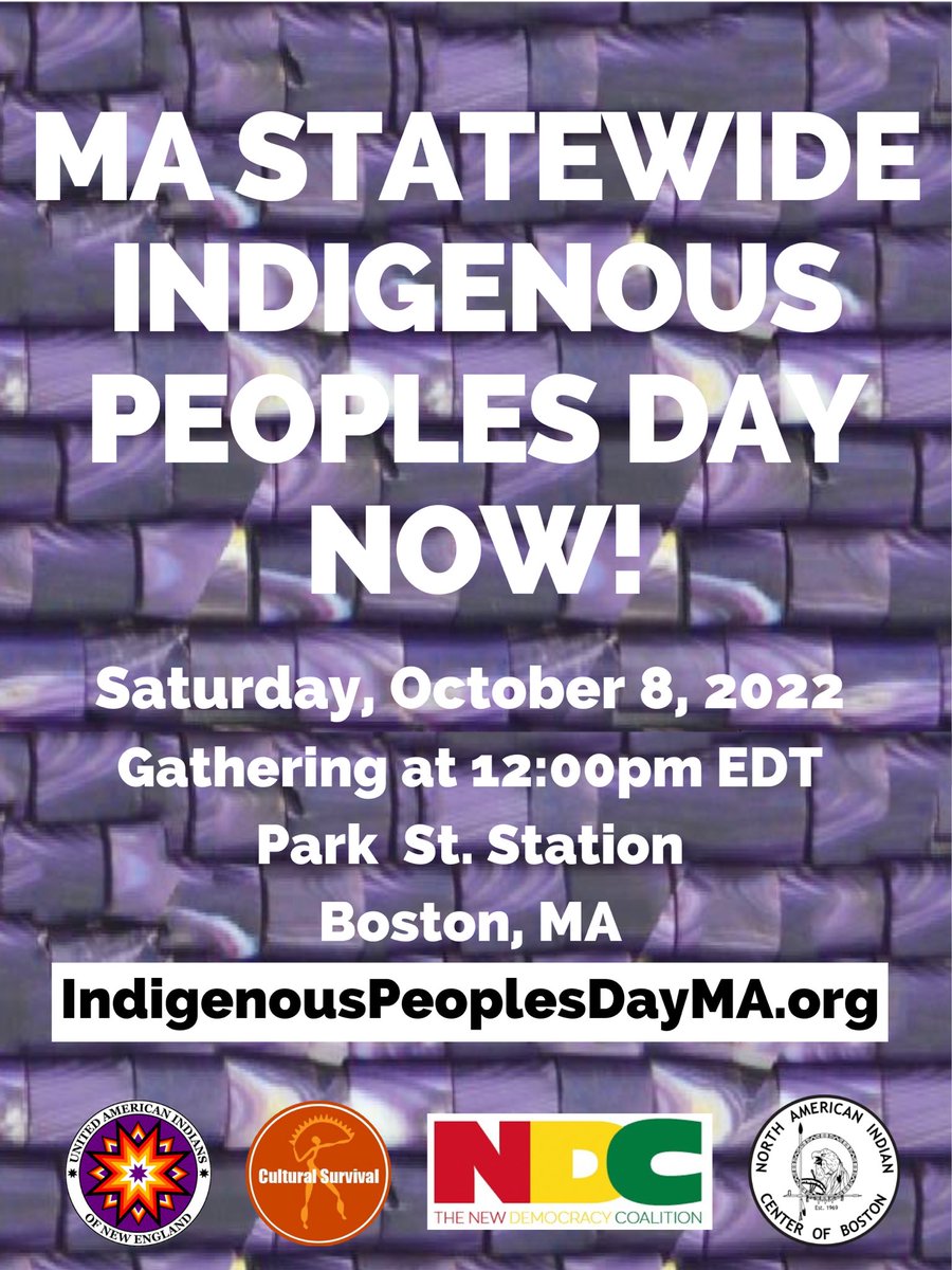 🚨City by city, town by town- we’re gonna take Columbus Day down 🚨 Join us for our annual march through Boston as we demand Indigenous Peoples Day statewide. 

Park St Station - 12:00pm - October 8, 2022