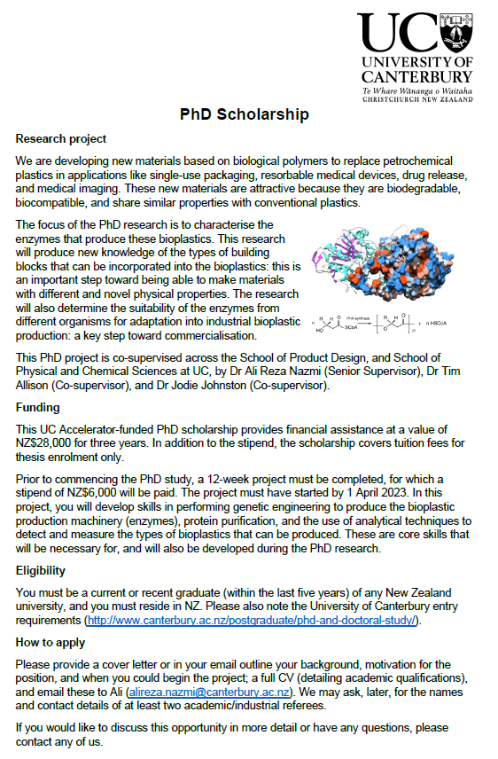 Ali Reza Nazmi (@freelantern) on Twitter photo We have a PhD Sholarship available <a href="/UCNZ/">University of Canterbury</a> across <a href="/UCNZSoPD/">School of Product Design / Kura Hanga Otinga</a> and <a href="/UCNZ_PhysChem/">School Of Physical and Chemical Sciences @UC</a> working on the mechanisms of enzymes involved in Bioplastic Production. you will be supervised by <a href="/allison_lab/">Allison Lab</a> <a href="/Jodie_JMJLab/">Jodie Johnston</a> and myself.
Please share with those who might be interested.
#UCNow We have a PhD Sholarship available <a href="/UCNZ/">University of Canterbury</a> across <a href="/UCNZSoPD/">School of Product Design / Kura Hanga Otinga</a> and <a href="/UCNZ_PhysChem/">School Of Physical and Chemical Sciences @UC</a> working on the mechanisms of enzymes involved in Bioplastic Production. you will be supervised by <a href="/allison_lab/">Allison Lab</a> <a href="/Jodie_JMJLab/">Jodie Johnston</a> and myself.
Please share with those who might be interested.
#UCNow