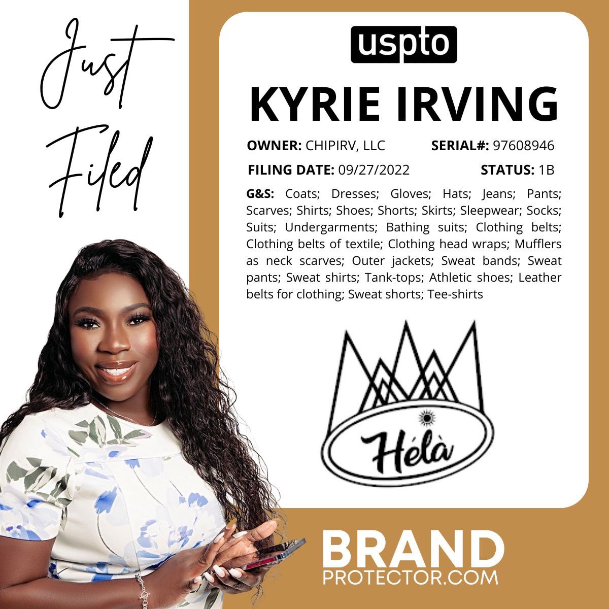 kendrastephen's tweet photo. NBA star Kyrie Irving files to protect his clothing brand Hela. 

#kyrieirving
#kyrie
#trademarkregistration
#trademarklawyer
#brandprotection https://t.co/lT39ZXox8t