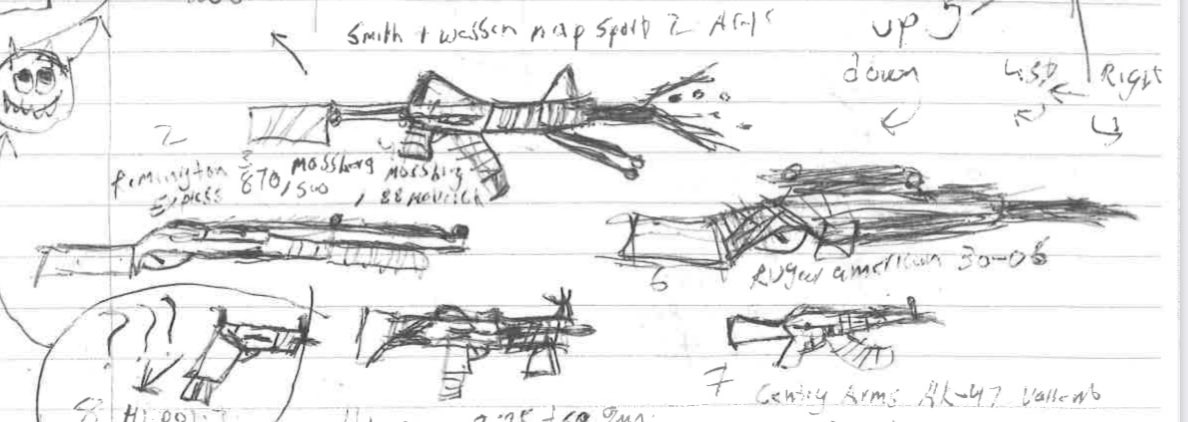 CBoomerVazquez's tweet photo. He said while #NikolasCruz underperformed on a #Visuospatial test, he seems to be able to draw images of #firearms just fine. “He’s got visual spatial skills.” https://t.co/UlhgDivzhs #ParklandShooter #PenaltyPhase https://t.co/FYk3PHQDue