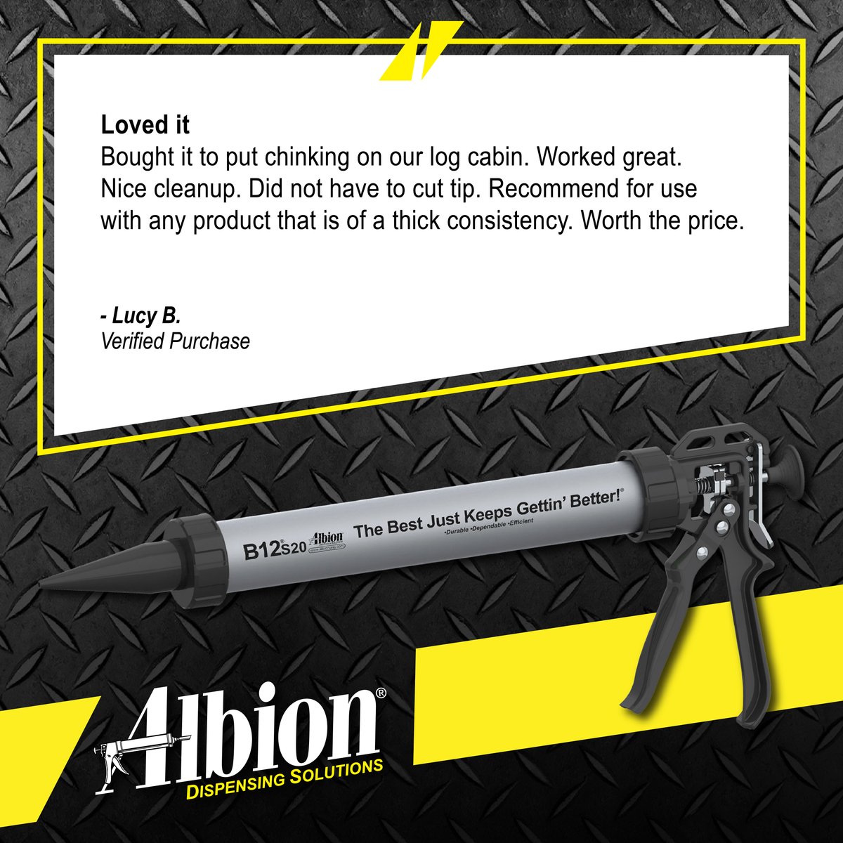 AlbionEngCo's tweet photo. B12S20 #TestimonialTuesday #review #happycustomer #productreview #best #sausage #love #chinking #chinker #logcabin #cabin #tools #quality #recommended #caulking #caulk #caulkgun #sealant #adhesive #toolsofthetrade #construction #engineering #WeDispenseThat #albioneng https://t.co/HWe4KxWWD1