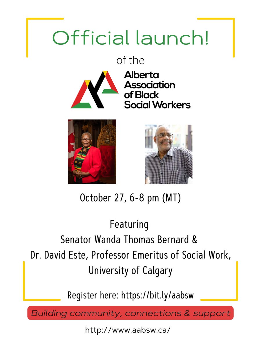 CASW_ACTS's tweet photo. 🔗The Alberta Association of Black Social Workers is officially launching on Oct 27. Join them for an evening of conversation with @SenatorWanda and Dr. David Este.

The event is open to all! Register here: https://t.co/SdN3jyYB5F https://t.co/F2tv8k7qv3