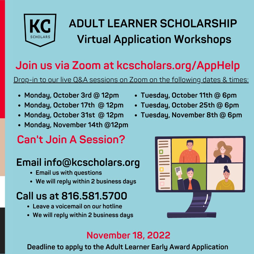 @KcScholars’ Adult Learner Early Award application is now open! They will also be offering Q&A sessions regarding the scholarship throughout the whole month of October to assist you in any way when applying. FAQ and more information can be found at: kcscholars.org/adult-learner