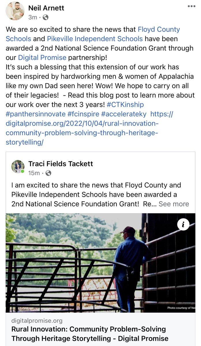 neil_arnett's tweet photo. 1of3: We are so excited to share the news that @SchoolsFloyd and @PikevilleInd have been awarded a 2nd National Science Foundation Grant through our @DigitalPromise partnership! #CTKinship #PanthersInnovate #fcinspire #accelerateky https://t.co/tGqQ5tlqnN