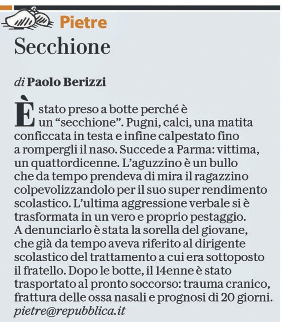 PBerizzi's tweet photo. L'hanno preso a botte perche è un secchione. Gli hanno rotto il naso perchè è uno studente modello. Quattordici anni. A scuola. A Parma.  Nel 2022. Pensateci. 

#Pietre
@repubblica https://t.co/yoqCeDue6U