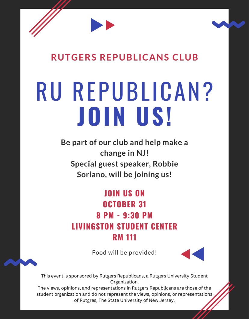 RutgersGOP's tweet photo. Rutgers Republicans are back for the 2022-2023 School Year! We will be having our next meeting with former Chairman Robbie Suriano! Feel free to stop by if you are a student! https://t.co/Wvmjii6eGC