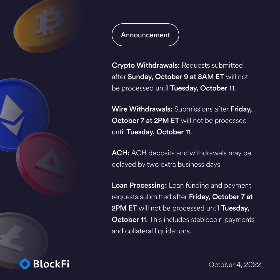 BlockFiSupport's tweet image. BlockFi will be closed on Monday, October 10 in observance of Indigenous People’s Day — phone lines will be closed and email response will be slower than normal.
