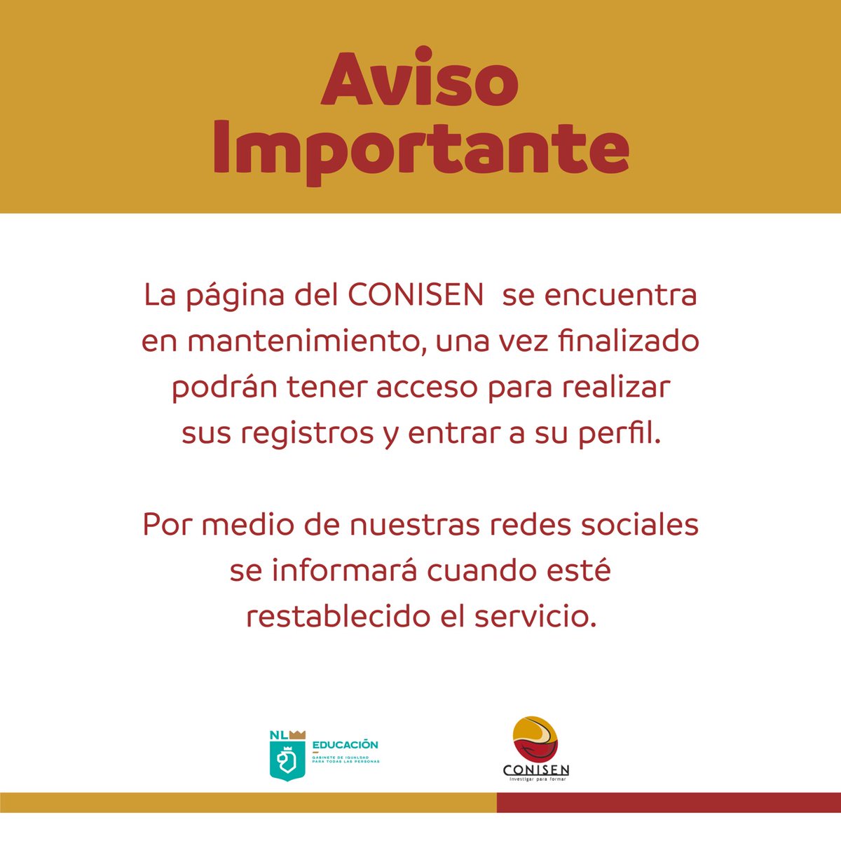 CONISEN_oficial's tweet photo. Por un breve periodo, la página del CONISEN estará en mantenimiento hasta nuevo aviso. Mantente alerta de nuestras redes sociales oficiales para conocer cuándo podrás continuar haciendo tus registros y seguir formando parte de este gran espacio llamado #CONISEN2022. https://t.co/FQtAHn8su0